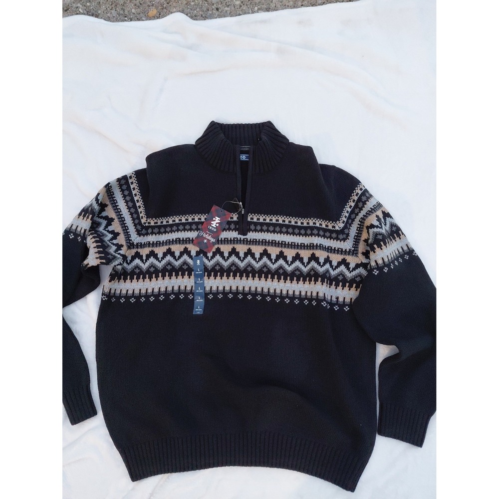 New Izod Fair Isle Sweater Mens Large 1/4 Zip Blue Red Nordic Chunky Heavy Knit
